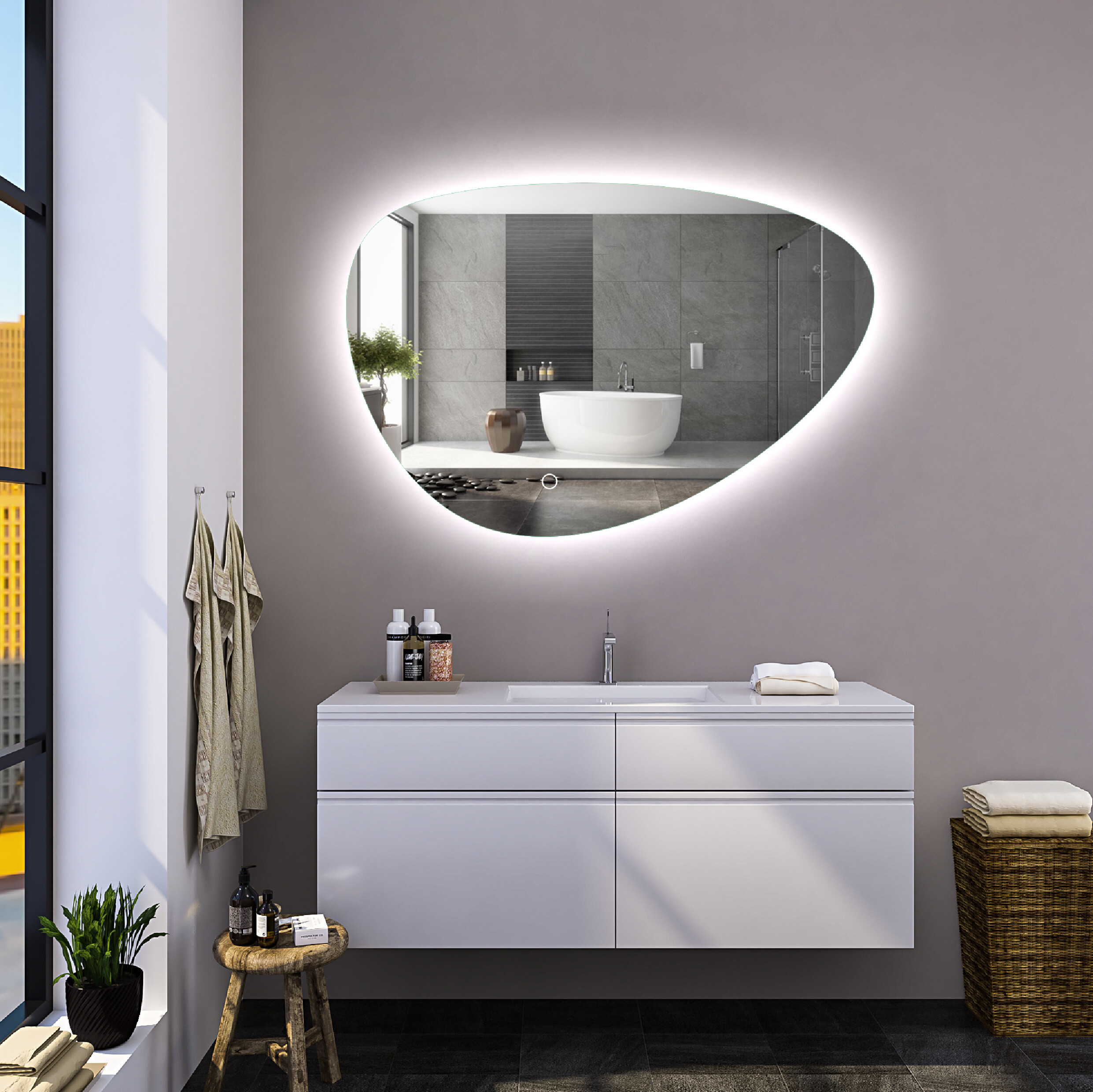Badkamerspiegel zonder lijst met verwarming, dimbare Led verlichting en touch sensor 70x48x3cm Voordelig Design Sanitair