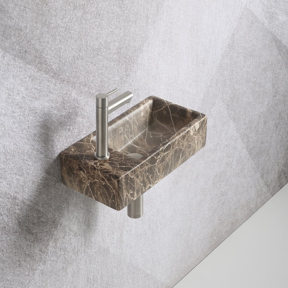 Fonteinset 40.5x20x10.5cm marmerlook bruin links kraan, sifon en afvoerplug RVS - Voordelig Design Sanitair