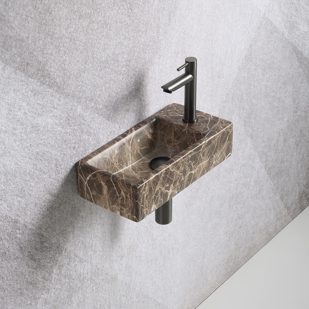 Voldoen antwoord Moet Fonteinset Mia 40.5x20x10.5cm marmerlook bruin rechts inclusief fontein  kraan, sifon en afvoerplug gun metal - Voordelig Design Sanitair