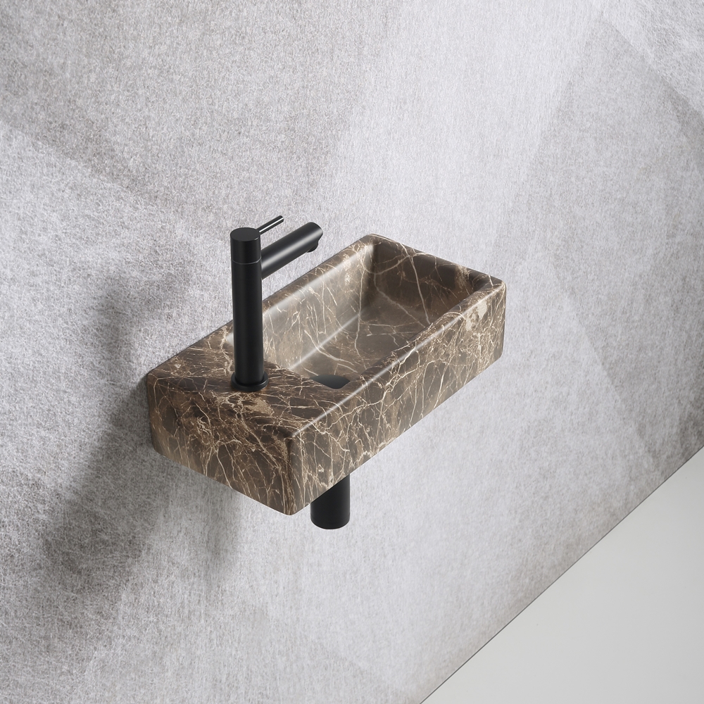 diagonaal Horzel Toeval Fonteinset Mia 40.5x20x10.5cm marmerlook bruin links inclusief fontein  kraan, sifon en afvoerplug mat zwart - Voordelig Design Sanitair