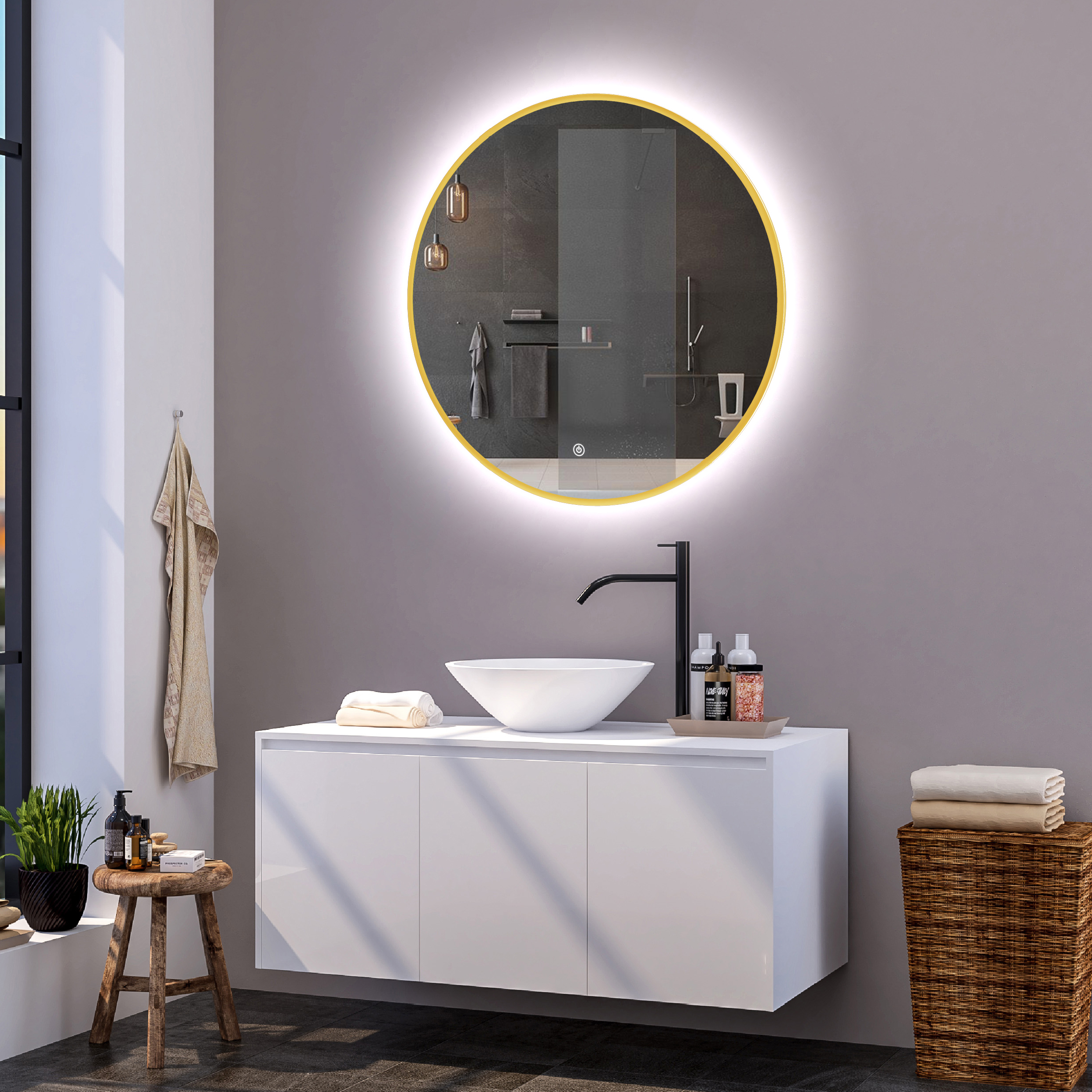 mosterd Bedreven Nauwkeurigheid Ronde badkamerspiegel Mauri mat goud met verwarming, LED verlichting en  touch sensor 100x100cm - Voordelig Design Sanitair