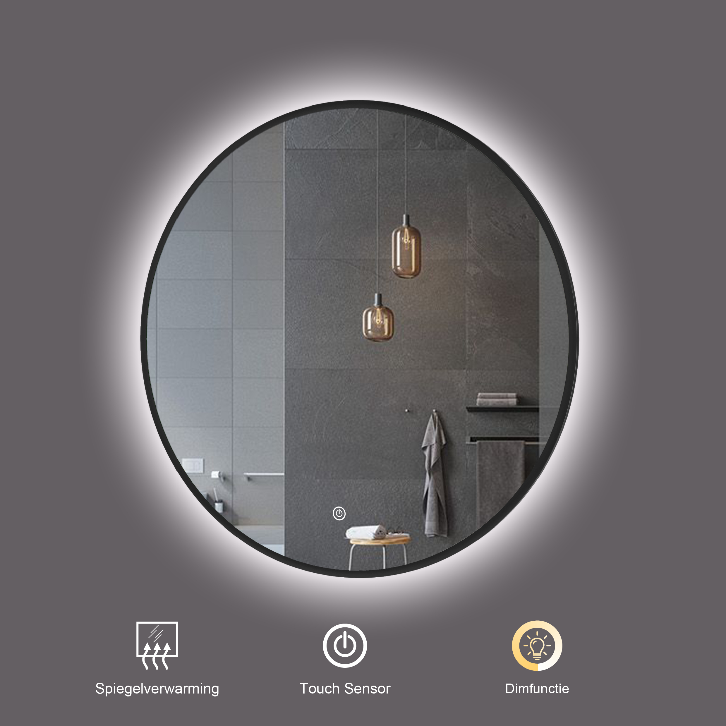 Goneryl ethisch Onvergetelijk Ronde badkamerspiegel Mauri mat zwart met verwarming, LED verlichting en  touch sensor 80x80cm - Voordelig Design Sanitair