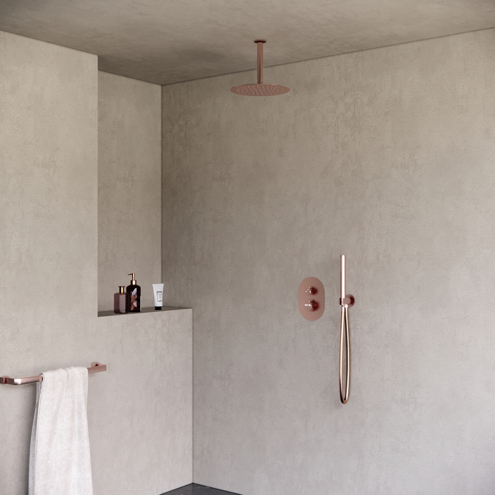 Thermostatische Inbouw regendouche met plafond 25cm douchekop mat rosé ovaal - Voordelig Design Sanitair